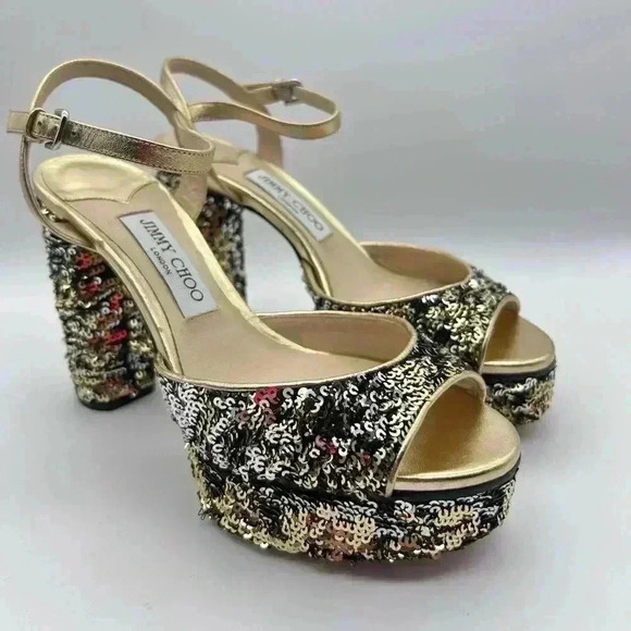 Jimmy Choo London Peachy Peep Toe Sparkle Heels Size 38 Silver Sequins Gold - Picture 2 of 16